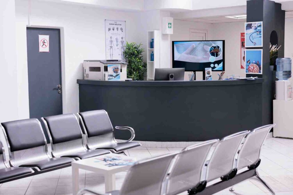 Clinical reception with waiting room in lobby